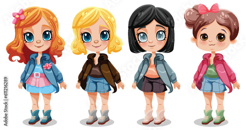 Set of cute girl cartoon character