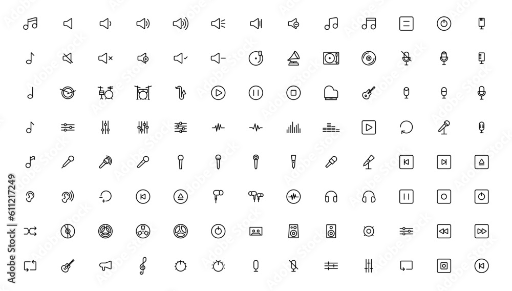 Media player icons collection. Video player icons. Cinema icon.Music icon. Outline icon.