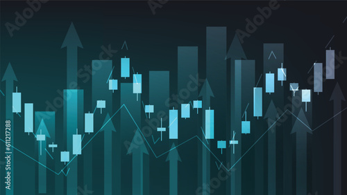 economy situation concept. Financial business statistics with bar graph and candlestick chart show stock market price and currency exchange on dark green background © piggu