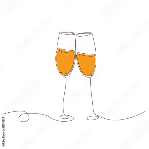 Two glasses of champagne. Vector illustration.Continuous line drawing. Minimalist black linear sketch. Isolated on white background. 