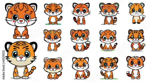 Fototapeta Naklejka Na Ścianę i Meble -  Tiger cartoon set collection. Cute tiger vector collection. Set of cute little tiger characters. Vector illustration