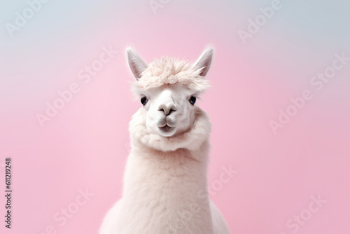 fluffy pink fur llama portrait on a pink background created with AI generative tools