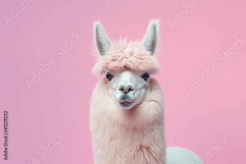 fluffy pink fur llama portrait on a pink background created with AI generative tools © World of AI