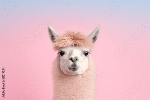 fluffy pink fur llama portrait on a pink background created with AI generative tools