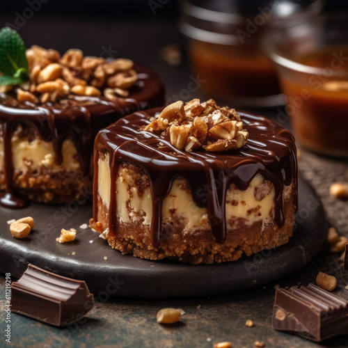 mini chocolate cakes, cheesecake. advert for desserts. generative AI