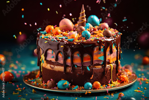 Colorful birthday cake with multicolored decor. Festive birthday party. generative AI