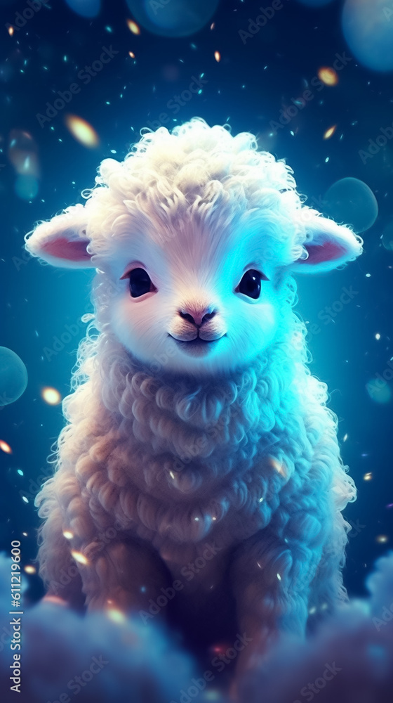 a cute fluffy sheep on a Blue neon lights background