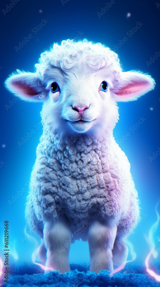 a cute fluffy sheep on a Blue neon lights background a cute fluffy sheep on a Blue neon lights background
