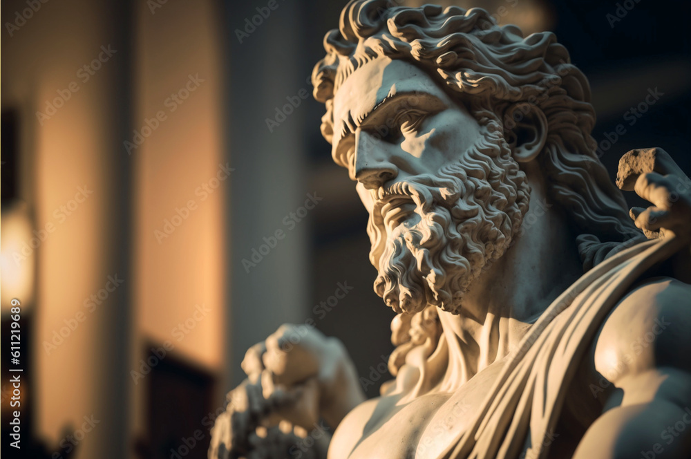 Marble statue of the ancient Greek god Zeus,  Antique sculpture, Zeus in Greek mythology is known as Jupiter in Roman mythology. created with ai