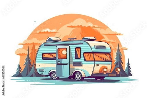 Camper van illustration. Caravan illustration. Generative AI © CREATIVE STOCK