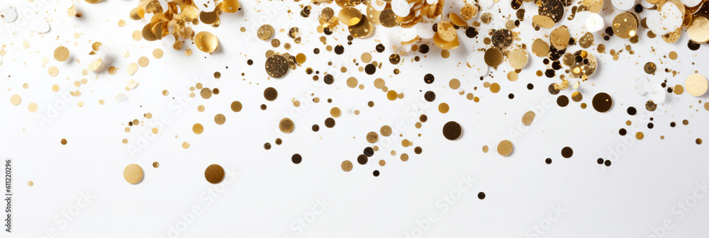 Anniversary white and gold color background with falling confetti and light effects.  Generative AI. - obrazy, fototapety, plakaty 