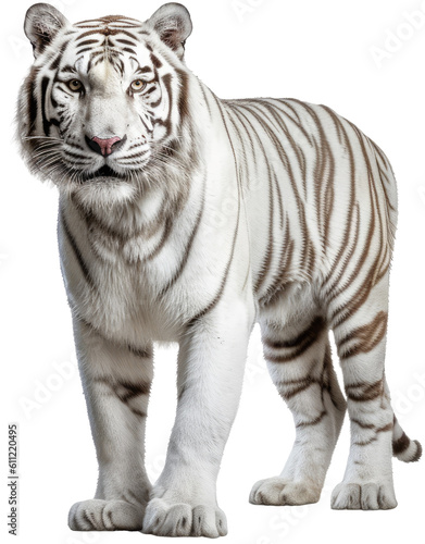 Standing bengal white tiger isolated on a transparent background, generative AI animal