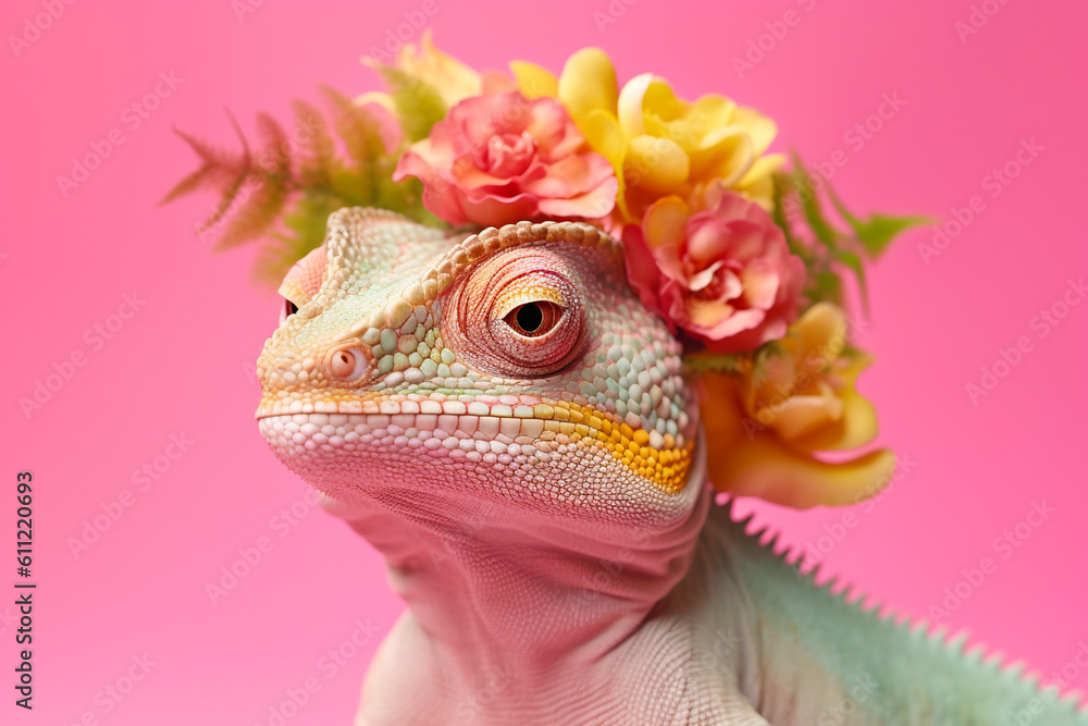 pastel colored chameleon wearing a flower crown on a pink background created with AI generative tools