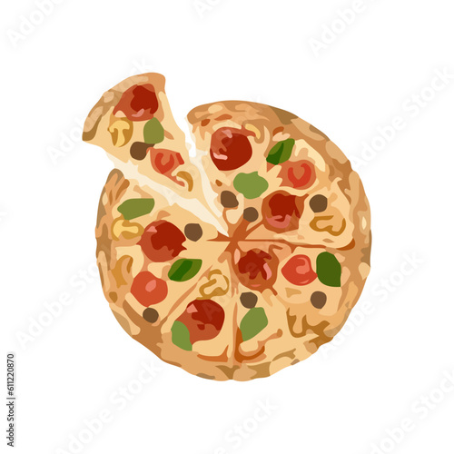 Fresh Homemade Italian Pizza. Hand drawn watercolor vector illustration