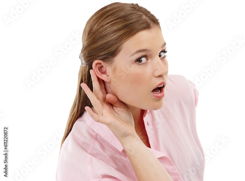 Portrait, hand and ear with a woman listening to gossip or news isolated on a transparent background. Privacy, secret and hearing with an attractive young woman looking curious or inquisitive on PNG