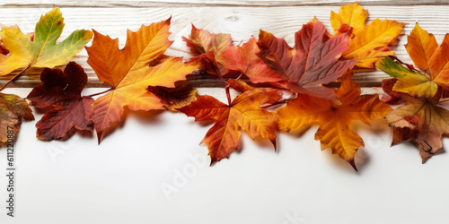 Festive autumn leaves decor on white wooden table with copy space   Textured vintage background   Created with generative AI