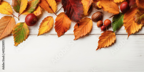 Festive autumn leaves decor on white wooden table with copy space , Textured vintage background , Created with generative AI