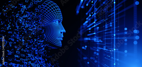 Digital human face. Artificial intelligence AI. Dispersion dissolve disintegration #611221036