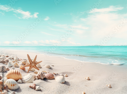 Beach sand with stars and shells. Illustration AI Generative