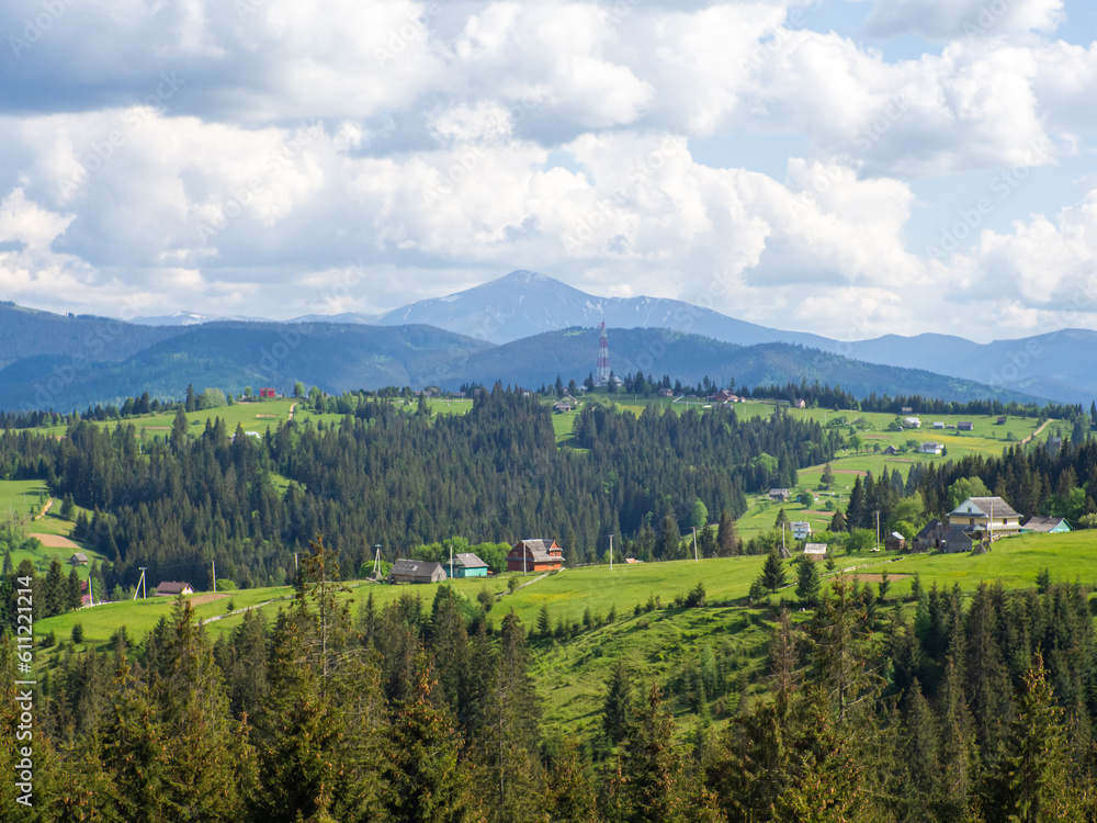 Fototapeta premium Carpathian landscape with cloudy sky. Green meadows in mountains near forest. Lifestyle in the Carpathian region. Ecology protection concept. Explore the beauty of the world.