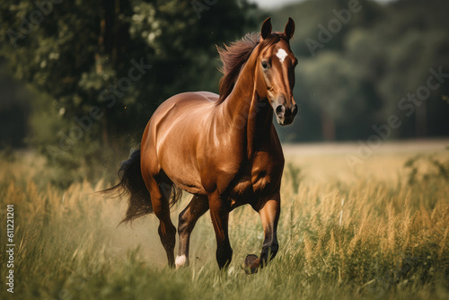 Brown horse galloping in the field. Illustration AI Generative.. © Dragoslav