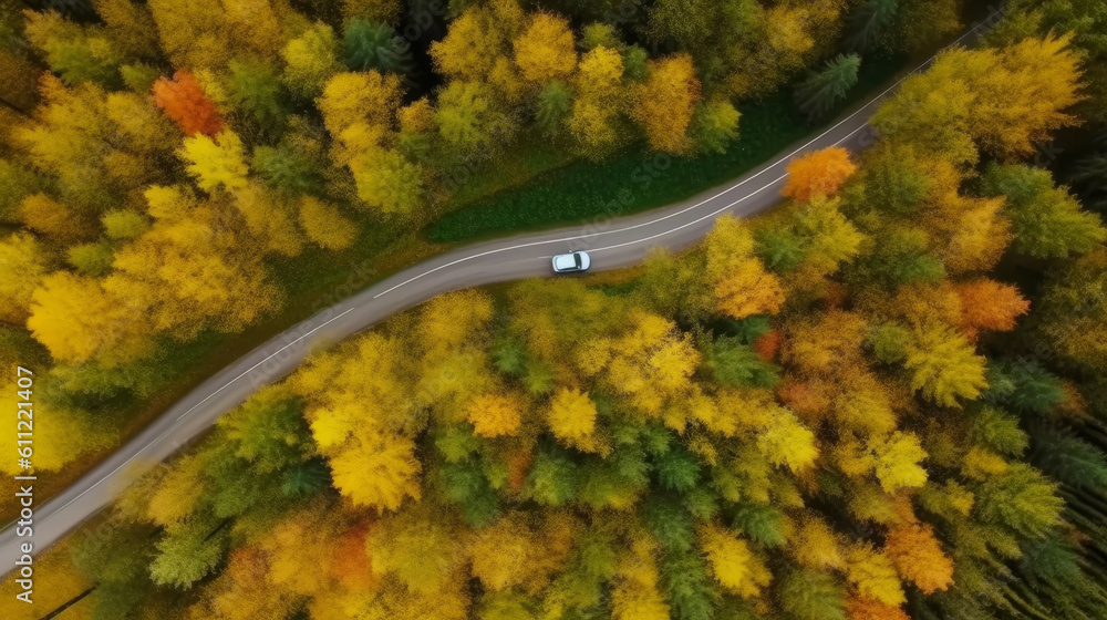 Drone view autumn forest road. Illustration AI Generative..