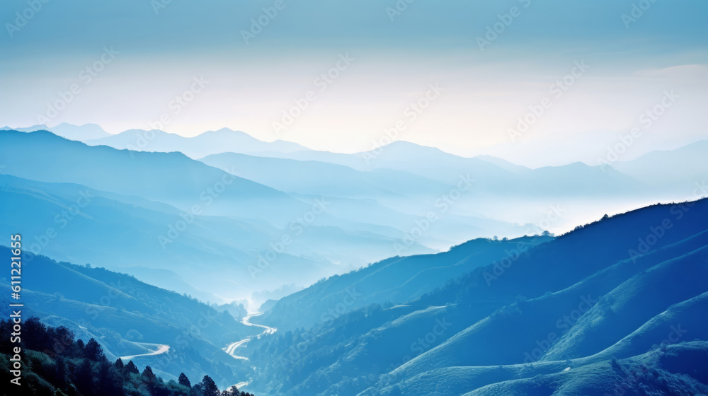 Hills and mountains blue background. Illustration AI Generative