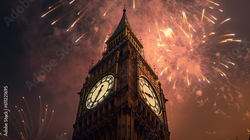 Holiday Fireworks in London. Illustration AI Generative..