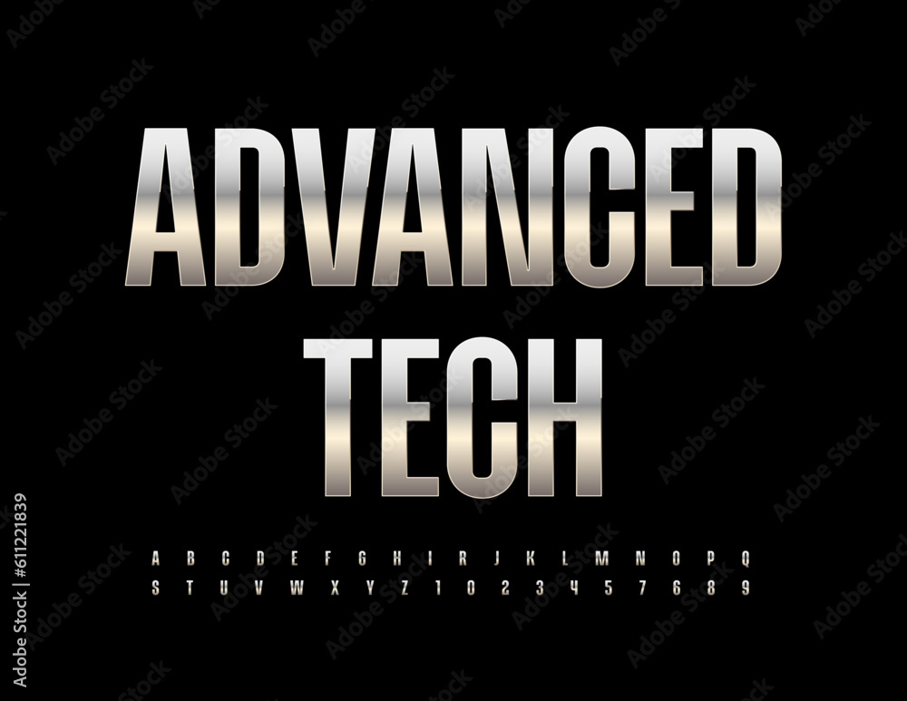 Vector modern sign Advanced Tech with metallic Alphabet Letters and Numbers set. Stylish sliver Font