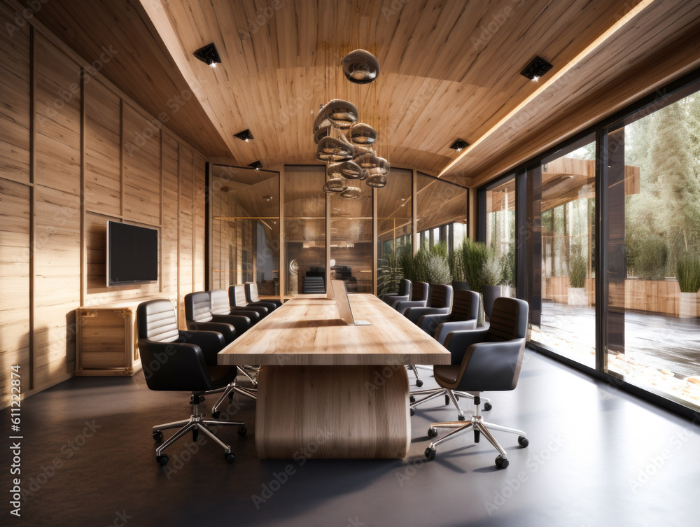 Interior of office board room with white wooden walls, long white ...