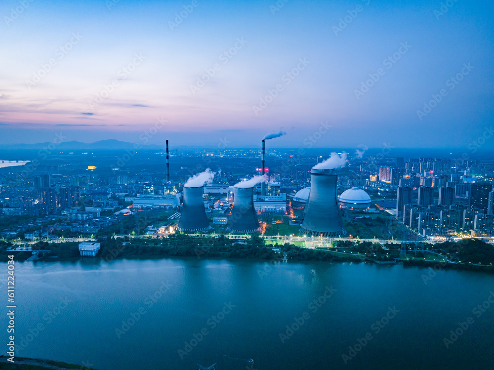 Fototapeta premium Thermal power plant night view, cooling tower