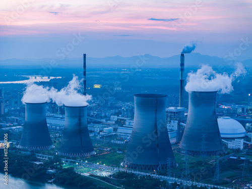 Thermal power plant night view, cooling tower