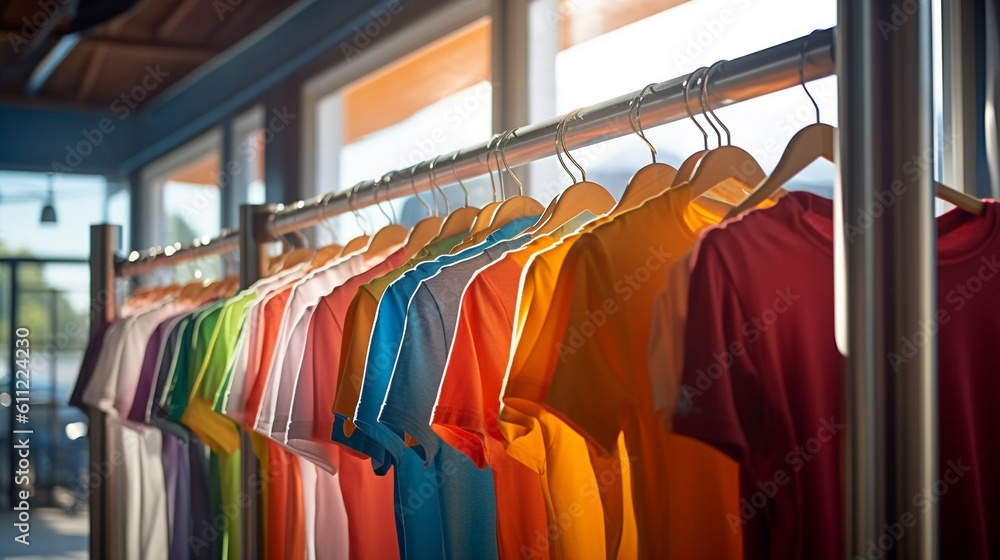 Obraz premium Bright colored tshirts hung neatly on hangers inside a laundromat