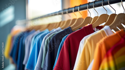 Bright colored tshirts hung neatly on hangers inside a laundromat