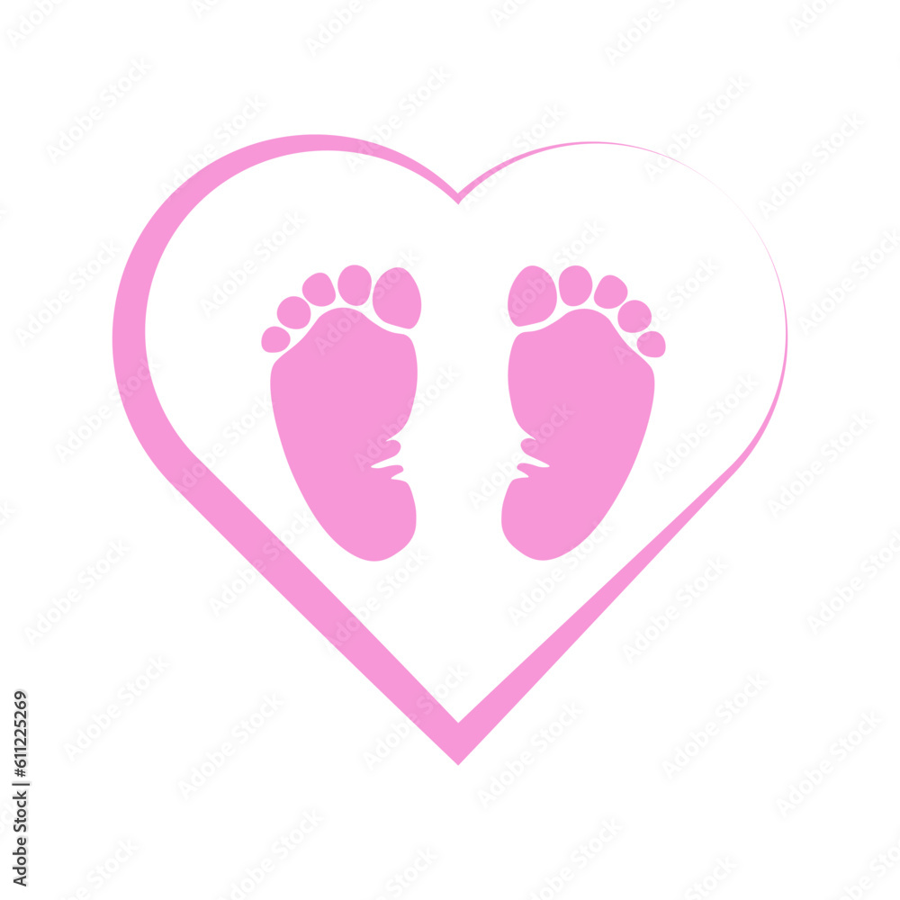 Silhouette of children's feet icon of barefoot hearts. pink background Silhouette of children's feet icon of barefoot hearts. pink background