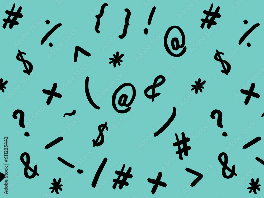 pattern with the image of keyboard symbols. Punctuation marks. Template for applying to the surface. pastel green blue background. Horizontal image.