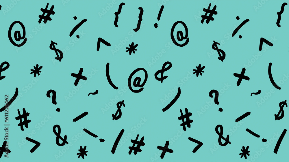 pattern with the image of keyboard symbols. Punctuation marks. Template for applying to the surface. pastel green blue background. Horizontal image. pattern with the image of keyboard symbols. Punctuation marks. Template for applying to the surface. pastel green blue background. Horizontal image.