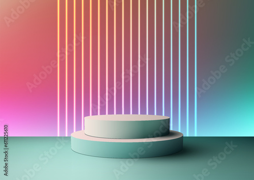 3D realistic modern technology style empty blue podium stand with neon laser lines backdrop on vibrant colors background