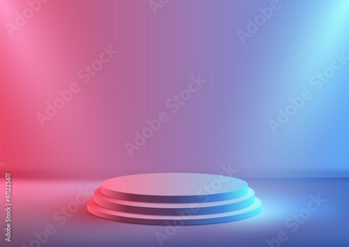 3D realistic empty neon colors podium stand steps with spotlight on pink and blue gradient background modern minimal style