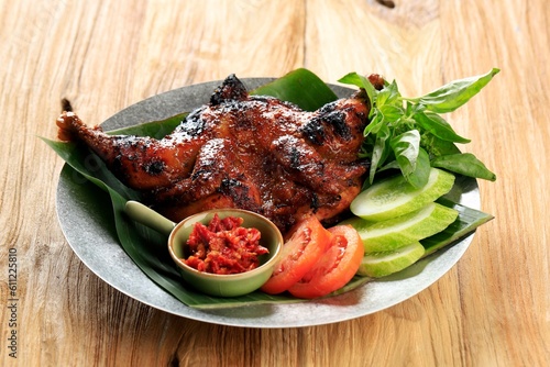Grilled Chicken with Lalapan, Ayam Bakar Lalapan, Authentic Recipe from Indonesian Roasted Chicken