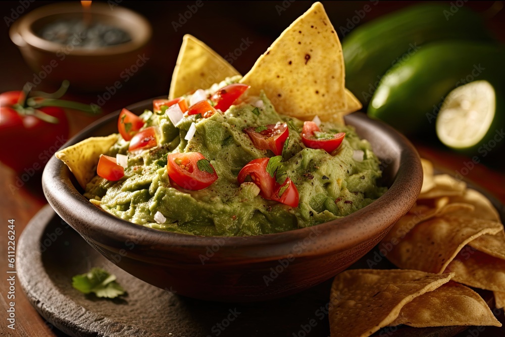 A Bowl Of Creamy Guacamole with Avocado, Tomato, Cilantro, Lime and Tortilla Chips