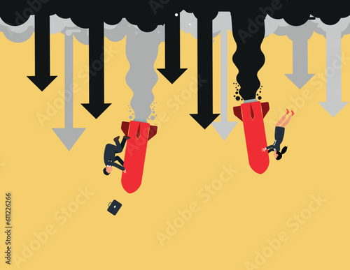 Business risk and failure. Business men and woman clinging to a falling rocket