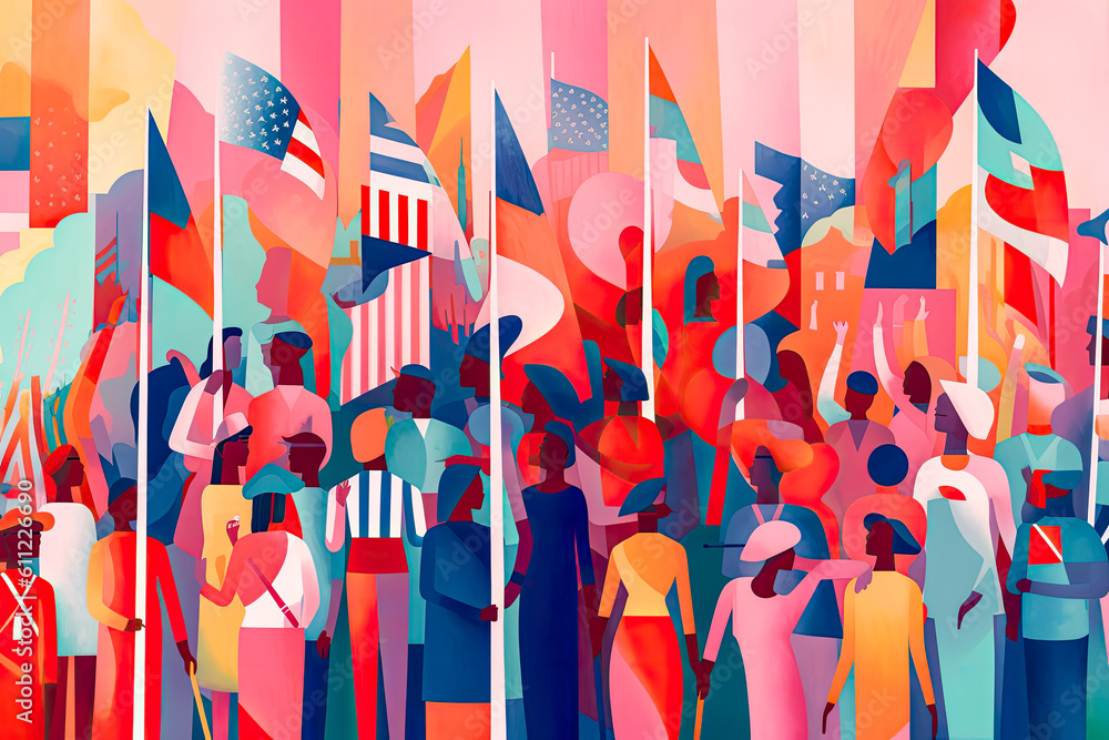 African American crowd celebrating the United States Independence Day with the American flag waving and a high women attendance. Generative AI