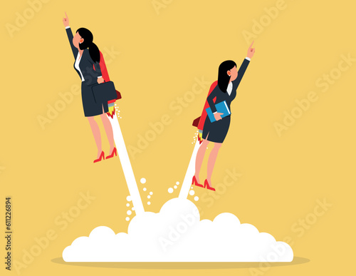Concept start up and growth, launching of a new company. Two business women fly up by rocket in different directions.
