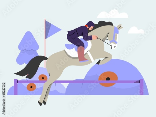 A horse rider riding a horse and showing of jumping, equestrian jump 