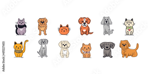 A set of beautiful and cute cartoon cats and dogs. hand drawn vector illustration