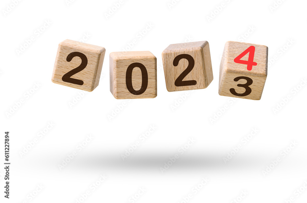 Happy new year concept. Wooden cube blocks changing from New year 2023 to 2024 flying over white Happy new year concept. Wooden cube blocks changing from New year 2023 to 2024 flying over white