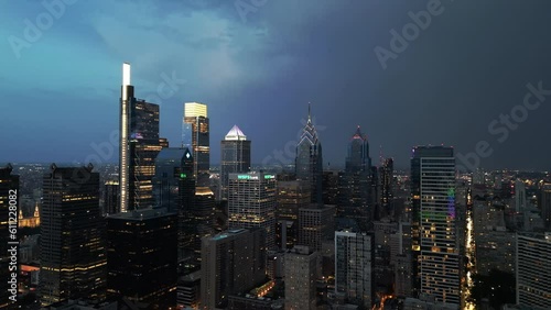 Stormy Sky and Thunderstorm Over Philadelphia Center City, Aerial Panorama photo