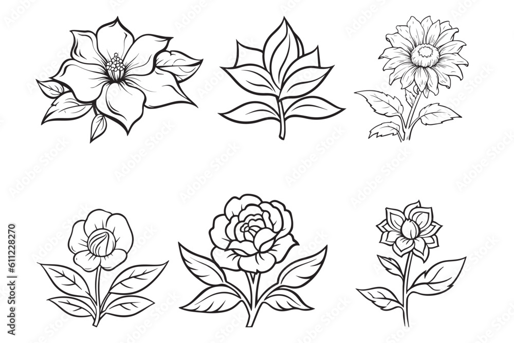 Kids Coloring Book, Flower Coloring Pages, Vector Coloring Pages