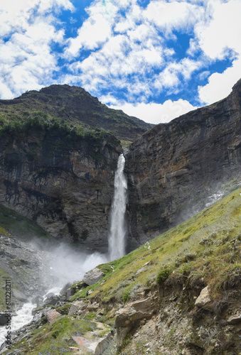 Beautiful scenery of huge glacier melted water s waterfall. Lahaul and spiti  himachal pradesh  India.